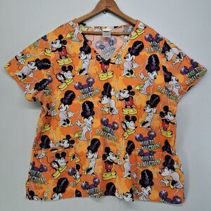 Disney Halloween Scrubs Top 2XL Orange Mickey Minnie Mouse Made to Perfection
